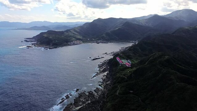 Aerial 4k footage of Bitou fishing harbor. A port in the northeast corner of Taiwan.