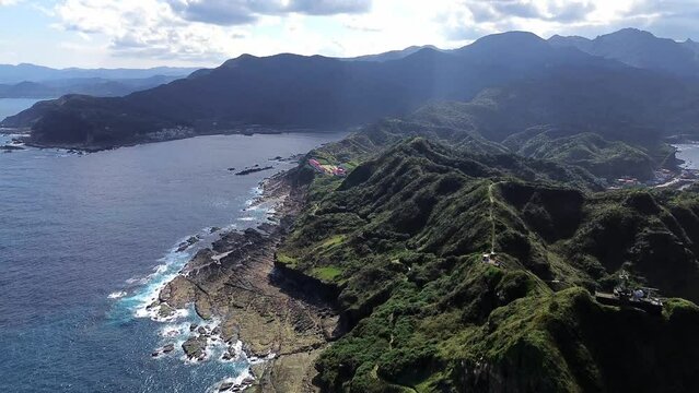 Aerial 4k footage of Bitoujiao, a famous scenery of Taiwan northeast corner. Birds eye view in Bitoujiao cape, Ruifang district, New Taipei, Taiwan.