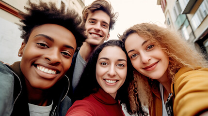 MULTIETHNIC HAPPY GROUP OF YOUNG PEOPLE TAKING SELFIE. legal AI	