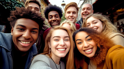 Obraz premium MULTIETHNIC HAPPY GROUP OF YOUNG PEOPLE TAKING SELFIE. legal AI 