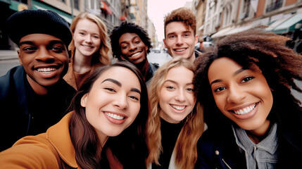 MULTIETHNIC HAPPY GROUP OF YOUNG PEOPLE TAKING SELFIE. legal AI	