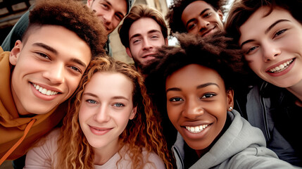 Obraz premium MULTIETHNIC HAPPY GROUP OF YOUNG PEOPLE TAKING SELFIE. legal AI 
