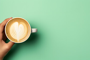 Top view of a hand holding a hot cup of coffee on a pastel green background with space for text.   - obrazy, fototapety, plakaty