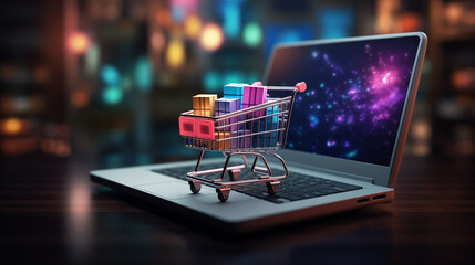 ecommerce online shopping cart on laptop  - obrazy, fototapety, plakaty