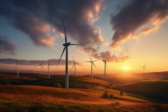 Wind turbines in field at dusk. Generative AI