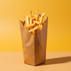 French fries in a paper bag on yellow background isolated AI