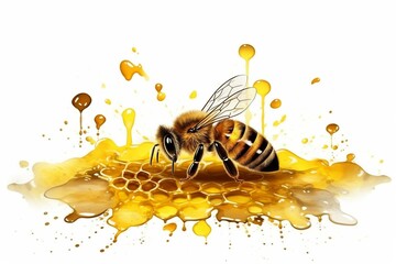 Bee on white background with nectar and honey. Vegetarian and vegan honey, farming, logo, beekeeper. Generative AI