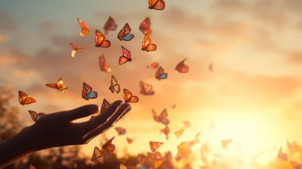 Tuinposter butterflies flying in the air over the hand  © ahmad05