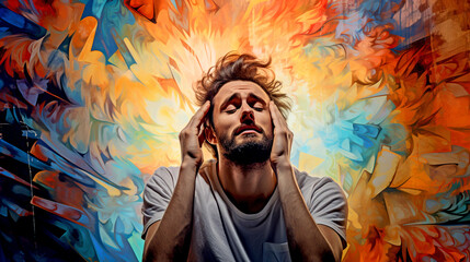 DEPRESSED MAN ON PSYCHEDELIC BACKGROUND. legal AI