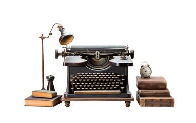 Fototapeta na wymiar A Classic Writing Desk with a Vintage Typewriter with Lamp Isolated on Transparent Background PNG.