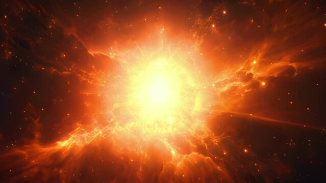 A bright yellow star, exploding in a burst of light against a black canvas. The edges of the star are fiery and molten, radiating intense heat and energy.