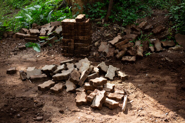 selective focus brick block worm piled on the ground The area is being adjusted to be even.