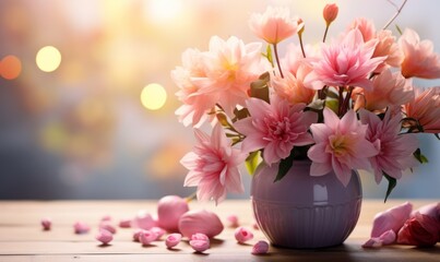 A Vase of Delicate Pink Flowers Illuminating a Serene Tabletop. A vase filled with pink flowers on top of a table