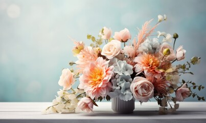 A Colorful Bouquet Blooming in a Ceramic Vase on a Wooden Table. A vase filled with lots of flowers on top of a table