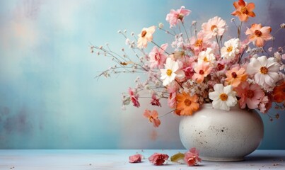 A Beautiful Bouquet: White Vase Overflowing with Abundance of Pink and White Blossoms. A white vase filled with lots of pink and white flowers