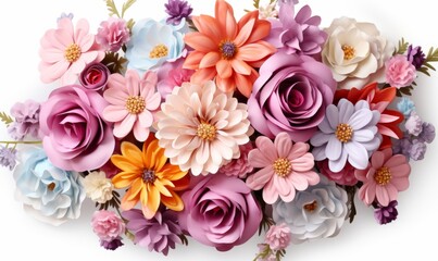 A Burst of Vibrant Color: A Bouquet of Lively, Blossoming Flowers on a Clean Canvas. A bunch of colorful flowers on a white background