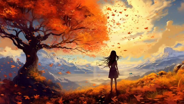 Autumn forest with a silhouette of a woman. Cartoon anime watercolor illustration style. 4k virtual animation background. Generated with AI