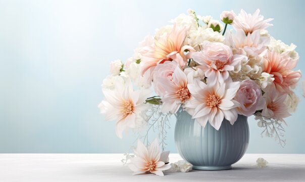 A Beautiful Blue Vase Overflowing with Delicate Pink and White Blooms. A blue vase filled with pink and white flowers