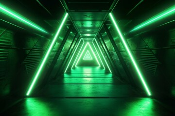 Underground bunker with neon hologram triangle, green glows, metal panels, rock tunnel corridor, sci-fi hangar garage in a dark space. Generative AI