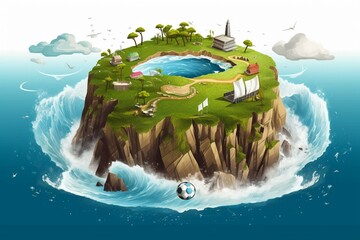 Illustration of island with football field amidst foamy waves of ocean. Generative AI