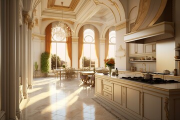 Opulent kitchen in a contemporary regal palace, filled with glorious sunlight during sunset. Generative AI