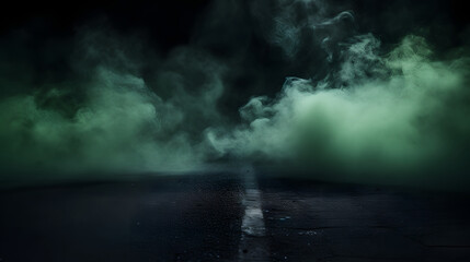 green Smoke And Fog On Asphalt In Black Defocused Background