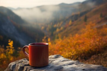Mug of drink on scenic autumn environment. Generative AI