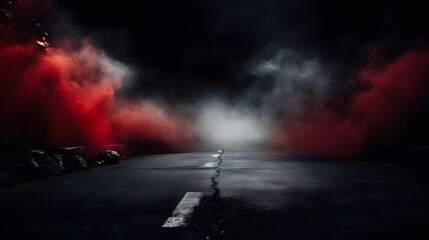 red Smoke And Fog On Asphalt In Black Defocused Background