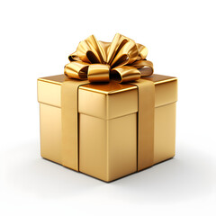 3D rendering of a realistic gold gift box with a ribbon icon on a white background,