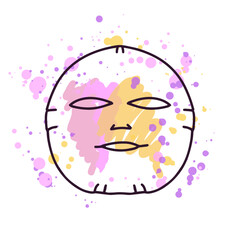 Hand-drawn face mask, beauty cosmetic element, self care. Illustration on a watercolor pastel background with splashes of paint. Useful for beauty salon, cosmetic store. Doodle sketch.