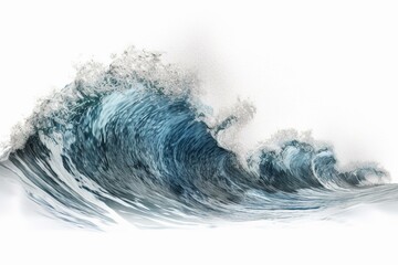 Highly-detailed depiction of a massive oceanic tidal wave on a plain white backdrop. Generative AI