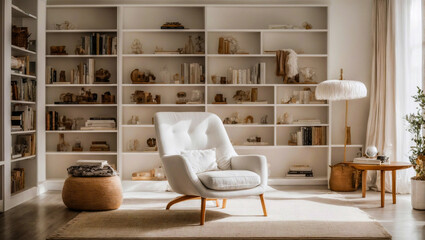 beautiful white color modern home relax library with cozy armchair and bookshelves with books arranged in a room with white walls, 