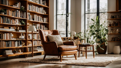 Fototapeta na wymiar beautiful Brown color modern home relax library with cozy armchair and bookshelves with books arranged in a room with white walls, 