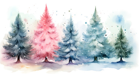 Illustration of green fluffy Christmas pine, pink Christmas trees, and blue Christmas tree in watercolor, isolated on white background with gifts,