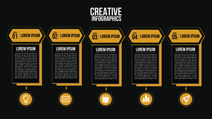 Infographics Business 5 options or steps square elements chart black template.Abstract of graph, diagram options, parts or processes.Vector business for presentation.Creative concept for data.