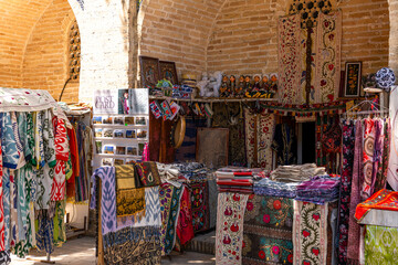 Souvenirs for sale at the Toqi Sarrofon Bazaar in center of Bukhara, Uzbekistan