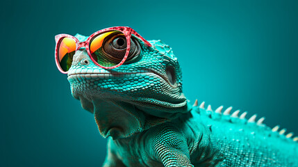 close up of a lizard,Stylish chameleon wearing sunglasses
 - obrazy, fototapety, plakaty