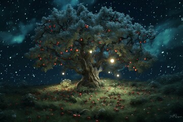 Fototapeta na wymiar Nighttime fruit tree adorned with apples. Generative AI