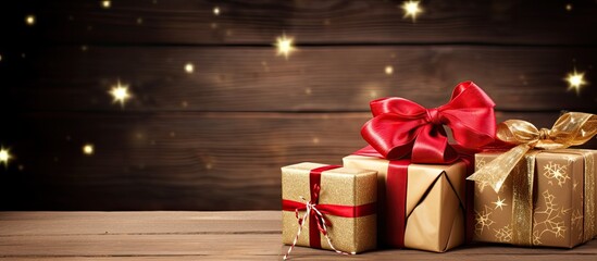 Holiday presents on wooden backdrop with ribbons