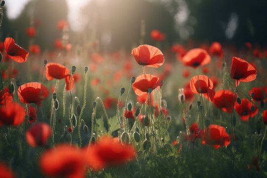 Beautiful red poppies blooming on a wild field with a soft, enchanting light. These opium poppies exude natural beauty. Generative AI