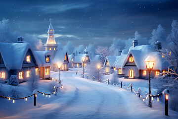 creative image of snowy winter village with Christmas lights, UHD, very sharp image, minimalistic...