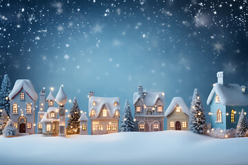 Fototapeta na wymiar creative image of snowy winter village with Christmas lights, UHD, very sharp image, minimalistic style.