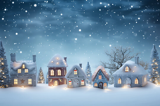 creative image of snowy winter village with Christmas lights, UHD, very sharp image, minimalistic style.