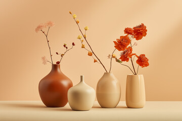 Four Aesthetic Glossy Vases With Floral Stem On Beige Background