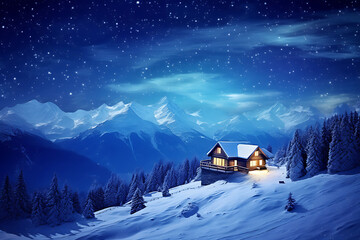 Fantastic winter landscape with wooden house in snowy mountains. Starry sky with Milky Way and snow covered hut. Christmas holiday and winter vacations concept.