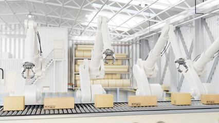 A modern distribution warehouse with modern robot arms and cardboard boxes on a conveyor belt.