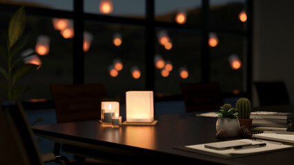 A modern dark meeting room with table lamp and candles on the meeting table.