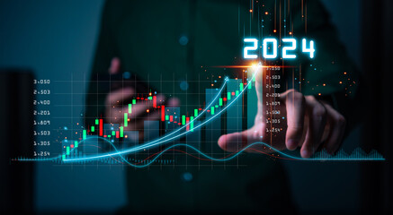 Businessman forecste analyze graph corporate future growth year 2024. New Goals with Plans and...
