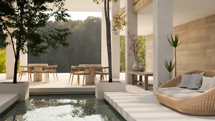 Fototapete Hotel Chic A modern, luxurious, spacious hotel indoor lounge or restaurant with an indoor pool and seats.  © bongkarn