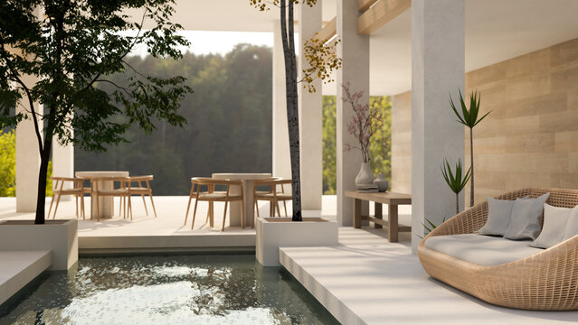 A modern, luxurious, spacious hotel indoor lounge or restaurant with an indoor pool and seats.